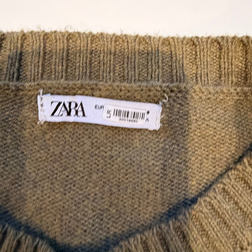 Zara Mens‎ V-Neck Knit Pullover Sweater Large Olive Green Earthy Ribbed Trim - Picture 3 of 6